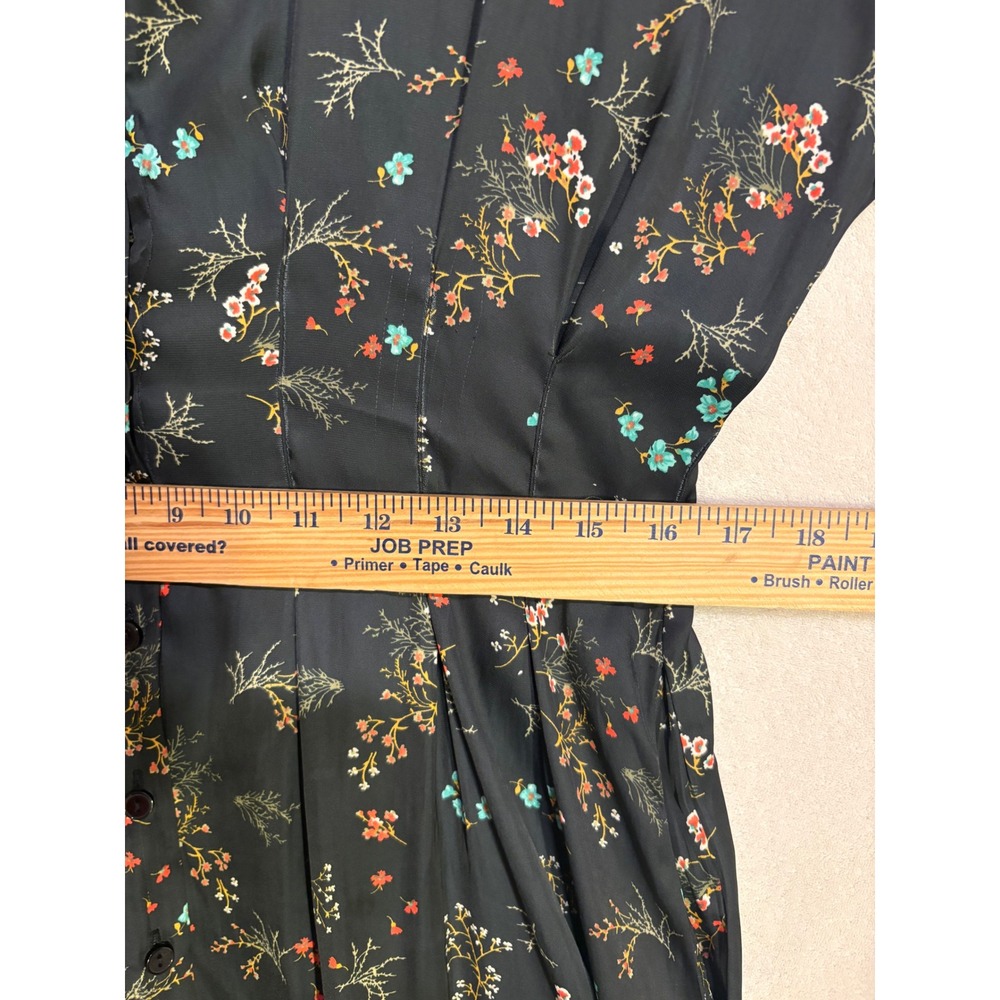Exquise Anthropologie Floral Shirt Dress Black Satin Pleated Mini Pockets Size M - Picture 9 of 12